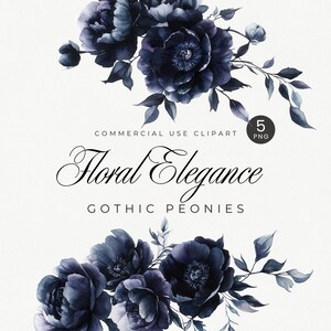 Dunkel schwarze Blumen Clipart, Stimmungsvolle Gothic Pfingstrosen Clip Art, Blumen Aquarell Hochzeitsstrauß PNG, Einladung Designs, Dark Academia