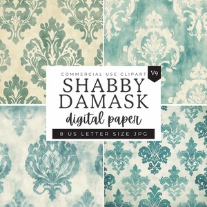 Damask Pattern Digital Paper, Teal Shabby Chic Distressed Texture Patterns, Scrapbooking Paper Decoupage Ephemera, Fleur De Lis