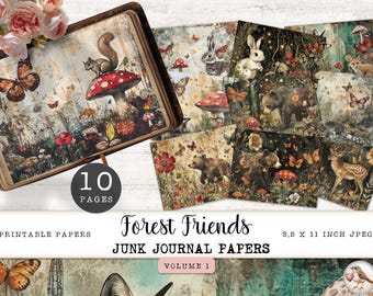 Forest Friends Junk Journal Digital Papers, 10 Woodland Animals Printable Pages, Mushrooms & Fox Collage Sheet, Paper Craft 11 x 8.5 JJPFF