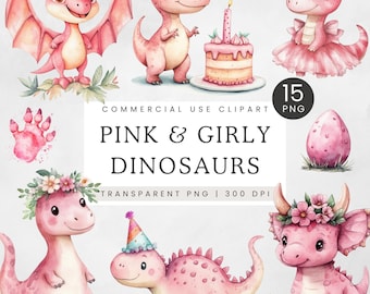 Dinosaurio rosa PNG, clipart de dinosaurio femenino, clipart de niña dinosaurio, dinosaurios florales de acuarela, linda niña dinosaurio, gráficos de fiesta de cumpleaños de dinosaurio