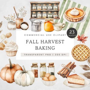 Clipart de repostería otoñal, 23 imágenes prediseñadas de acuarela de pastel de calabaza y pastel especiado, PNG de 300 ppp, colores cálidos y acogedores