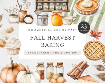 Fall Baking Clipart, 23 Pumpkin Pie & Spiced Cake Watercolor Aesthetic Clip Art, 300DPI PNG, Cozy Warm Colours