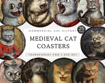 Posavasos de gato medieval feo sublimación PNG, imágenes prediseñadas de gatos históricos extraños y aterradores, imágenes prediseñadas de gatos divertidos, diseño de posavasos, regalo de broma para amantes de los gatos