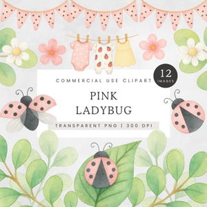 Lady Bug PNG, Pink Ladybug Clip Art, Watercolor Girl Baby Shower Clipart, Pink and White Floral Images, Cartoon Greenery Graphics
