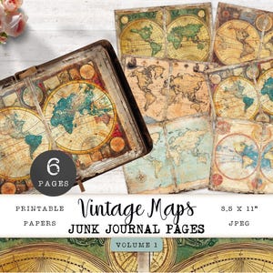 Alte Karte Junk Journal Seiten, 6 antike Weltkarte druckbare digitale Papiere, Vintage viktorianische Collage Sheet, Papierhandwerk 11 x 8,5 JJPOM