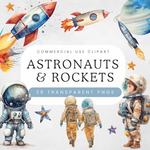 Astronaut und Rakete Clipart | Kommerzielle Nutzung | Aquarell Weltall Bündel | Weltraum-Geburtstagsfeier | Kinderzimmer Wand Kunst |