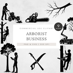 Clipart entreprise arboriste, silhouettes de taille d'arbre, PNG et SVG, graphiques de travailleur à la tronçonneuse, illustrations numériques de service d'arbre