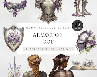 Armor of God Clipart, Full Armor of God PNG, Watercolor Christian Woman Clip Art, Biblical Images, Ephesians Graphics, Purple Floral Faith