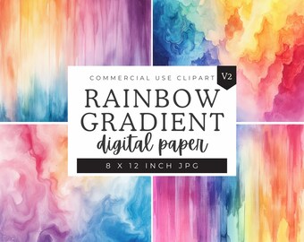 Rainbow Gradient Digital Paper, Pastel Rainbow Texture Patterns, Watercolour Cloud Backgrounds, Colourful Paint Background Papers