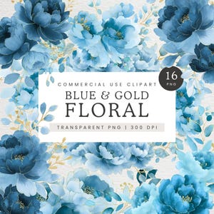 Clipart roses bleu royal et or, clipart floral bleu saphir, fleurs de mariage bleu PNG, bouquets de fleurs bleus & cadres graphiques