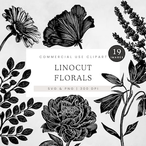 Linoleografia di fiori in formato PNG, Clipart di fiori stampati in linoleum, Pacchetto di fiori in linoleum, ClipArt di fiori assortiti, File SVG floreali, Arte botanica modificabile
