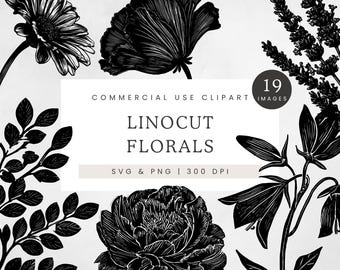 Linocut Flower PNG, Lino Print Florals Clipart, Linocut Florals Bundle, Assorted Flowers Clip Art, Floral SVG Files, Editable Botanical Art