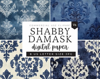 Damask Pattern Digital Paper, Navy Shabby Chic Distressed Texture Patterns, Scrapbooking Paper Decoupage Ephemera, Fleur De Lis