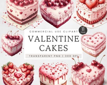 Heart Cake Clipart, Valentine Heart Cake PNG, Strawberry Cake Clip Art, Watercolor Romantic Heart Cake Graphics, Cherry Cake Illustration