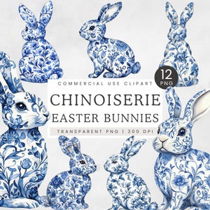 Blue Floral Toile Easter Bunny PNG, Chinoiserie Easter Clipart, Grandmillennial Easter Vibe, Coquette Aesthetic Clip Art, Victorian Spring
