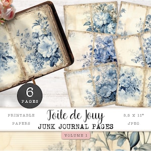 Páginas de diário de lixo azul Toile, 6 papéis digitais vintage florais para impressão, folha de colagem floral azul suave, papel artesanal 11 x 8,5 JJPBT