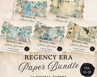 Pacchetto di pagine di diario spazzatura dell'era Regency, 30 fogli digitali stampabili di Jane Austen, foglio di collage floreale, effimere, carta artigianale, 11 x 8,5, JJ024