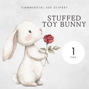 Clipart de coelho de pelúcia, clipart de coelho em aquarela com rosa, coelho de pelúcia PNG, arte de berçário de coelho fofo, gráfico de animal de pelúcia
