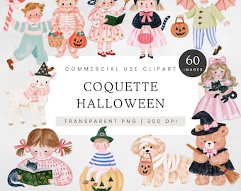 Coquette Halloween Clipart, Cute Pastel Halloween Kids PNG, Vintage Watercolor Trick or Treat, Pink Halloween Clip Art