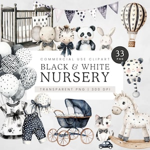Clipart chambre d'enfant noir et blanc, clipart décoration de chambre de bébé moderne, graphisme monochrome pour baby shower, fête de bébé neutre PNG
