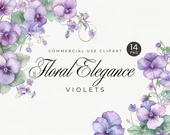 Violet Flower Clipart, Watercolor Floral PNG, February Vintage Birth Month Flower, Bouquets, Borders, Wildflowers, Purple Clip Art Ephemera
