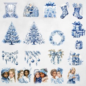 Christmas Toile Clipart, Grandmillennial Xmas Day PNG, Blue and White ...