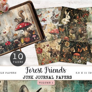 Journal indésirable de Forest Friends, papiers numériques, 10 pages imprimables animaux de la forêt, feuilles de collage champignons et renard, créations en papier 11 x 8,5 JJPFF