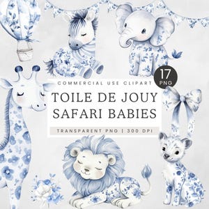Clipart di toile safari, Clip art di toile de jouy per baby shower, simpatici cuccioli di chinoiserie in formato PNG, arte per bambini, safari nella giungla africana blu, fauna selvatica