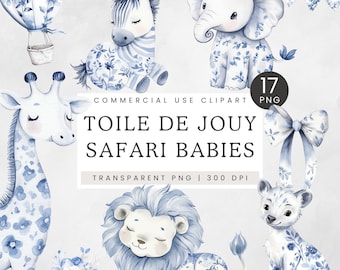 Safari Toile Clipart, Baby Shower Toile De Jouy Clip Art, Cute Baby Animals Chinoiserie PNG, Nursery Art Blue African Jungle Safari Wildlife