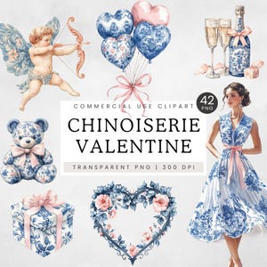 Clipart Saint-Valentin grand millénaire, chinoiseries Saint-Valentin Clip Art, aquarelle vintage floral bleu et rose Toile de Jouy Saint-Valentin PNG