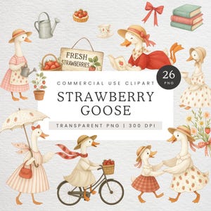 Erdbeer-Gans Clipart, Vintage-Gans in der Kleidung Clip Art, Cottagecore Gänse mit Erdbeeren, Mutter & Baby-Gans, Gans mit einem Buch PNG