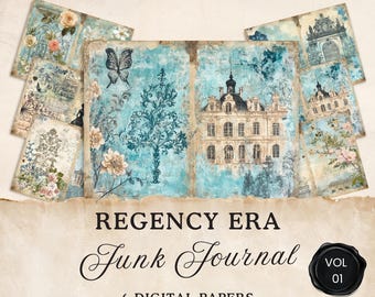 Pagine di diario di scarto dell'era Regency, 6 fogli digitali stampabili di Jane Austen, foglio di collage floreale, effimere, carta artigianale, 11 x 8,5, JJ024