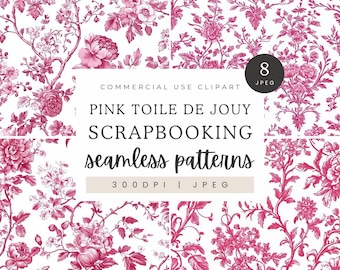 Pink Toile De Jouy Digital Paper, Seamless Vintage Chinoiserie Patterns, 300DPI, 11 Inch Square JPEG