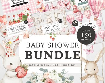 Pink Baby Shower Clipart, Watercolor Baby Shower Bundle, Berry Sweet Baby Clip Art, Hot Air Balloon PNG, Stuffed Toy Bunny Graphics
