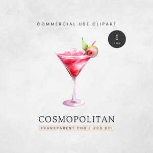 Clipart cosmopolite, clipart cocktail d'été, carte des boissons signature PNG, image cocktail rose aquarelle, graphiques de boissons alcoolisées