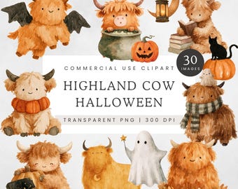 Highland Cow Halloween Clipart, Cute Spooky Cow PNG, Watercolor Pumpkin Highland Cows, Ghost Witch Farm Animal Clip Art