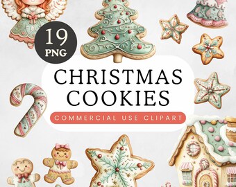 Pastel Christmas Cookie Clip Art | Holiday Baking | Gingerbread Men | House Candy Cane Stars Bells Christmas Tree | Decorated Xmas Bake Sale