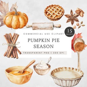 Clipart de pastel de calabaza, 15 imágenes prediseñadas estéticas de acuarela de otoño, PNG de 300 ppp, colores cálidos y acogedores