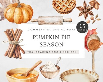 Pumpkin Pie Clipart, 15 Fall Watercolor Aesthetic Clip Art, 300DPI PNG, Cozy Warm Colours