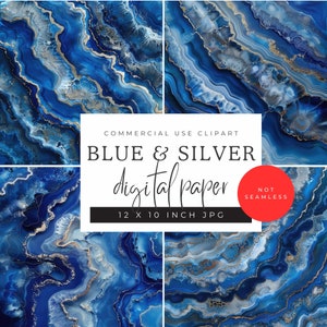 Royal Blue and Silver Agate Digital Papers | Geode Crystal Background Textures | Scrapbooking, Invitations, Cards | Commercial Licence
