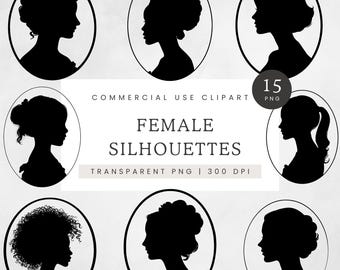 Female Silhouette Clipart, Women Cameo Style Clip Art, Side Profile Girl in Oval Frame PNG, Vintage Portrait Graphic, Modern Lady Image