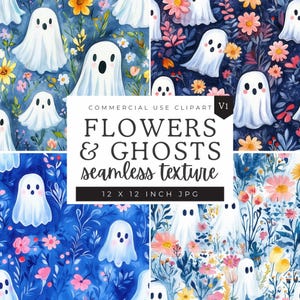 Floral Ghost Digital Paper, Seamless File Bundle, Flowers Pattern, Girly, Little Boo, Repeating Pattern, Cottagecore, Boho Chic, Sweet