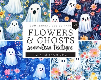Carta digitale Floral Ghost, pacchetto di file senza soluzione di continuità, motivo floreale, femminile, piccolo Boo, motivo ripetuto, cottagecore, boho chic, dolce