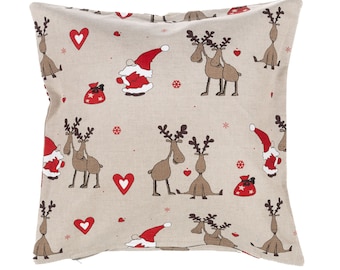 Funda de cojín de lino con cremallera, 45x45 cm (18x18"), diseño de renos navideños, funda de almohada de lino hecha a mano, almohada decorativa de lino