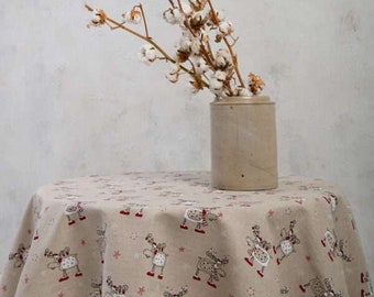 Round linen Christmas tablecloth in Moose design. Circle table cloth. Custom size tablecloth. Dining table cloth. Hygge style. Scandinavian.