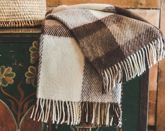 Wool Throw Blanket with Fringes in Tartan Check Beige and Brown - 51x83 inches (130x210 cm), 100% Organic Pure Wool Blanket, Cozy Wool Throw