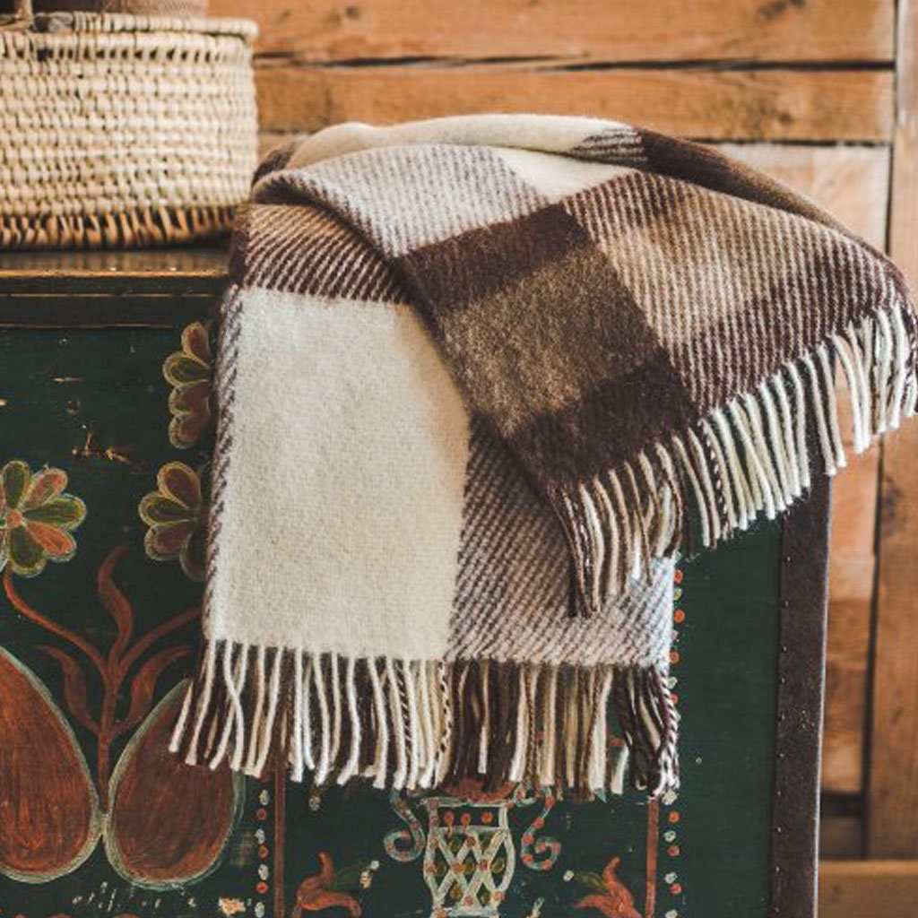 Wool Throw Blanket With Fringes in Tartan Check Beige and