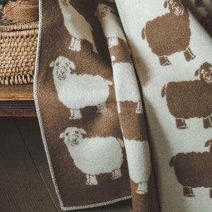 Wool Blanket Throw - Brown and White with Sheep Pattern, (51x79 inches / 130x200 cm), Double-Sided, 100% Organic Pure Wool Blanket
