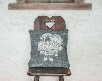 Cushion Cover 100% Merino Wool 16x16" (40x40cm) Gray Sheep Design, Double-Sided Pillow Case, Sofa Pillow, Living Room Pillow
