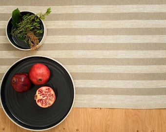 Rustic Linen Table Runner – Beige Stripes. Farmhouse table linen, striped linen table runner. Heavyweight French style linen table runner.